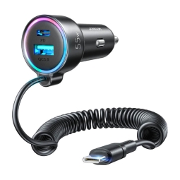 Car charger USB-C: Kaabel up to 1.6m + Adapter 1xUSB-C + 1xUSB, up to 60W (max 30,30,18W): Joyroom Cl07 - Black