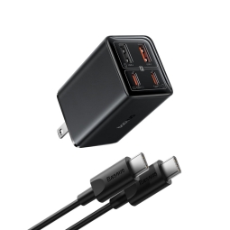 Laadija USB-C: Kaabel 1m + Adapter 2xUSB-C, 2xUSB, kuni 65W, QuickCharge kuni 20V 3.25A: Baseus GaN6 Pro - Must
