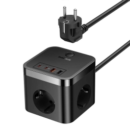 Charger 2xUSB-C + 2xUSB + 3xAC, kaabel 1.5m, up to 30W, QuickCharge up to 20V 1.5A: PowerCombo Cube PowerStrip - Black
