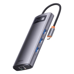 Делитель, хаб USB-C dock: USB-C 100W, 1xHDMI 4K30Hz, 1xVGA, 3xUSB 3.0, LAN 1 Gbps: Baseus Metal Gleam - Алюминий