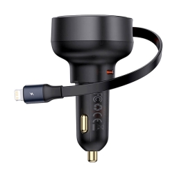 Car charger 2in1, Lightning kaabel 0.75m + 1xUSB-C, up to 55W, QuickCharge up to 12V 2.5A 30W: Baseus Retractable - Black