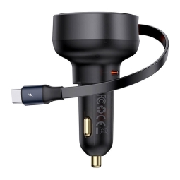 Car charger 2in1, USB-C kaabel 0.75m + 1xUSB-C, up to 60W, QuickCharge up to 12V 2.5A 30W: Baseus Retractable - Black