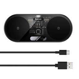 Беспроводная зарядка 2в1, до 15W (10W+10W), 1m USB кабель: Baseus Digital Display - Чёрный