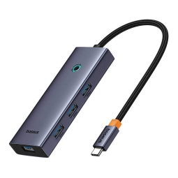 Делитель, хаб USB 3.0 hub: 4xUSB 3.0 + LAN 1Gbps + USB-C power, 0.15m: Baseus UltraJoy - Алюминий
