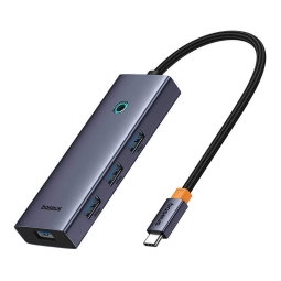 Jagaja USB 3.0 hub: 4xUSB 3.0 + LAN 1Gbps + USB-C power, 0.15m: Baseus UltraJoy - Alumiinium