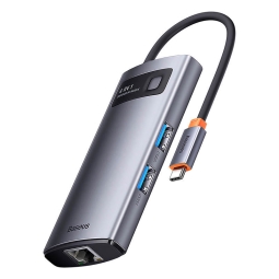 Hub USB-C hub: 4xUSB 3.0 + LAN 100Mbps + USB-C power, 0.15m: Baseus StarJoy - Aluminum
