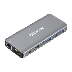 Jagaja USB-C dock: USB-C 100W, HDMI 4K60Hz, VGA FHD, LAN 1G, AUX, 2xUSB3.0, USB2.0, MicroSD+SD: Mokin 1801 - Alumiinium