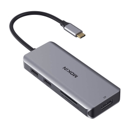Hub USB-C dock: USB-C 100W, DP 4K60Hz, 2xHDMI 4K60+4K30Hz, USB 3.0, 2xUSB 2.0, MicroSD+SD: Mokin 0304 - Aluminium