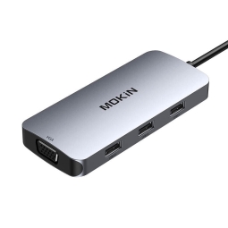 Jagaja USB-C dock: DP 4K60Hz, 2xHDMI 4K60+4K30Hz, VGA FullHD, 3xUSB 2.0: Mokin 0507 - Alumiinium