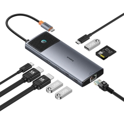 Делитель, хаб USB-C dock: USB-C 100W, 2xHDMI 4K 120+60Hz, LAN 1G, USB-C v3.2, USB 3.2, 2xUSB 2.0, mSD+SD: Baseus 10в1 - Алюминий