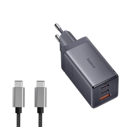 Зарядка USB-C: Kaabel 1m + Адаптер 2xUSB-C, 1xUSB, до 65W, QuickCharge до 20V 3.25A: Baseus GaN5 Ultra - Серый