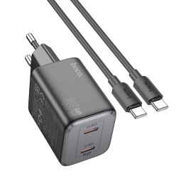 Laadija USB-C: Juhe 1m + Adapter 2xUSB-C, kuni 45W, QuickCharge kuni 20V 2.25A: Hoco N42 - Must