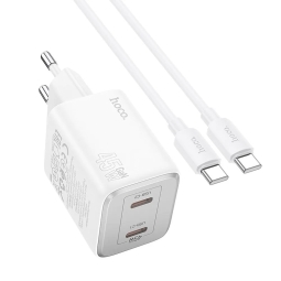 Зарядка USB-C: Кабель 1m + Адаптер 2xUSB-C, до 45W, QuickCharge до 20V 2.25A: Hoco N42 - Белый