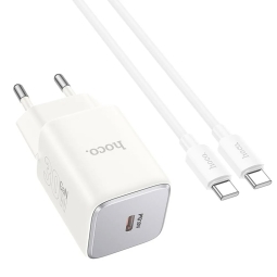 Laadija USB-C: Kaabel 1m + Adapter 1xUSB-C, kuni 30W, QuickCharge kuni 20V 1.5A: Hoco N43 - Valge