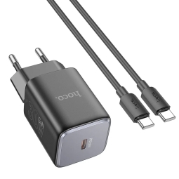 Laadija USB-C: Kaabel 1m + Adapter 1xUSB-C, kuni 30W, QuickCharge kuni 20V 1.5A: Hoco N43 - Must