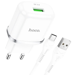 Зарядка USB-C: Kaabel 1m + Адаптер 1xUSB, до 18W, QuickCharge до 12V 1.5A: Hoco N3 - Белый