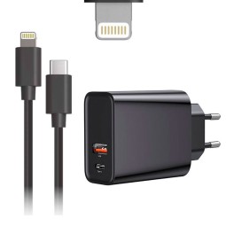 iPhone, iPad laadija, Lightning: Cable 1m + Adapter 1xUSB-C + 1xUSB, kuni 20W QuickCharge