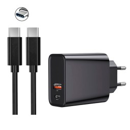 Laadija USB-C: Juhe 1m + Adapter 1xUSB-C + 1xUSB, kuni 20W QuickCharge