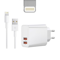 iPhone, iPad laadija, Lightning: Juhe 1m + Adapter 2xUSB, kuni 18W QuickCharge