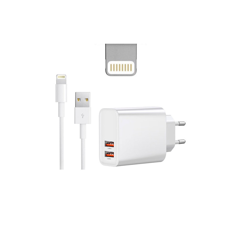 iPhone, iPad laadija, Lightning: Cable 1m + Adapter 2xUSB, up to 18W  QuickCharge