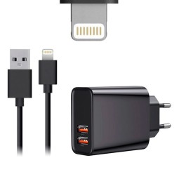 iPhone, iPad laadija, Lightning: Juhe 1m + Adapter 2xUSB, kuni 18W QuickCharge