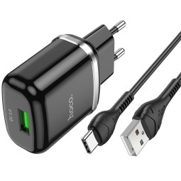 Laadija USB-C: Kaabel 1m + Adapter 1xUSB, kuni 18W, QuickCharge kuni 12V 1.5A: Hoco N3 - Must