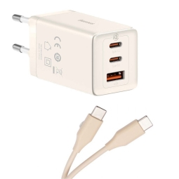 Laadija USB-C: Kaabel 1m + Adapter 2xUSB-C, 1xUSB, kuni 65W, QuickCharge kuni 20V 3.25A: Baseus GaN5 Ultra - Beež-Valge