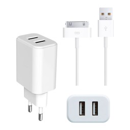 iPhone, iPad charger, 30-pin: Cable 1m + Adapter 2xUSB, up to 10W