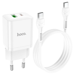 Laadija USB-C: Kaabel 1m + Adapter 1xUSB-C, 1xUSB, kuni 20W, QuickCharge kuni 12V 1.67A: Hoco N28 - Valge