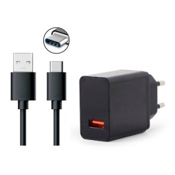 Charger USB-C: Cable 1m + Adapter 1xUSB, up to 18W QuickCharge