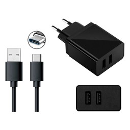 Charger USB-C: Cable 1m + Adapter 2xUSB, up to 10W