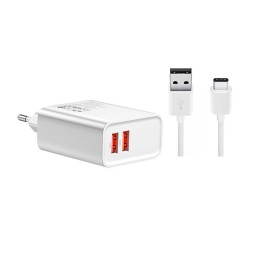 Charger USB-C: Cable 1m + Adapter 2xUSB, up to 18W QuickCharge