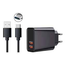 Laadija USB-C: Juhe 1m + Adapter 2xUSB, kuni 18W QuickCharge