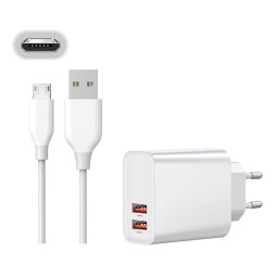 Charger Micro USB: Cable 1m + Adapter 2xUSB, up to 18W QuickCharge