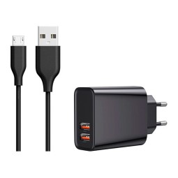 Laadija Micro USB: Juhe 1m + Adapter 2xUSB, kuni 18W QuickCharge